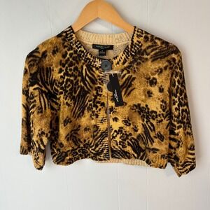 August Silk Knits Animal Print Cropped Cardigan Gold Black 0741047DL Small NEW